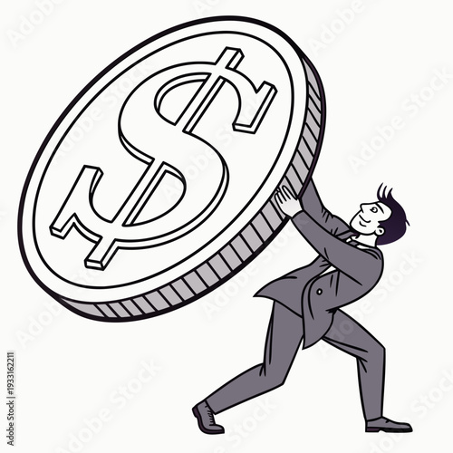 Cartoon businessman struggling to hold up large dollar coin