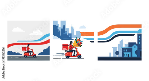 A dynamic illustration showcases a delivery person on a red scooter, swiftly navigating an urban landscape to provide essential services.