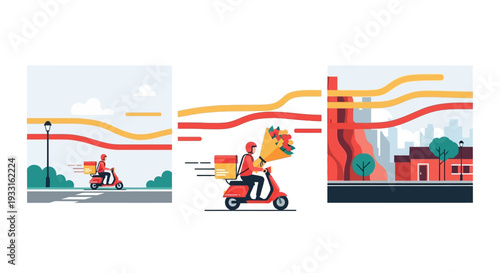 A swift delivery person on a scooter transports diverse packages and fresh flowers through a bustling urban environment, illustrating modern logistics.