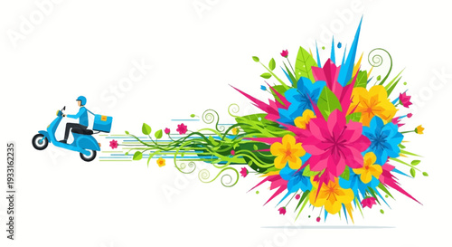A speedy delivery person on a blue scooter leaves a vibrant, abstract floral explosion and green foliage trail, symbolizing fresh, joyful, and efficient service.
