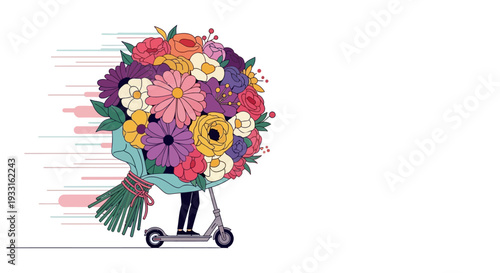 A vibrant, oversized floral bouquet is swiftly delivered on an electric scooter, symbolizing quick service and joyful surprise.