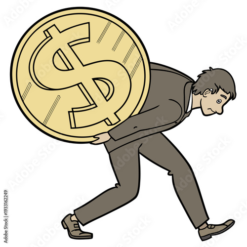 Cartoon man carrying large gold dollar coin on back