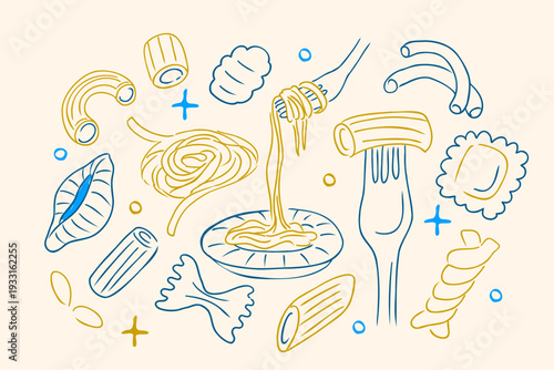 Hand drawn Italian pasta mediterranean summer vector collection. Various noodles types such as tagliatelle, penne, fusilli, ravioli, spaghetti. Sketch ink illustration.
