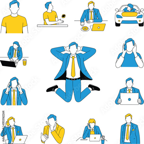 Businessman in blue suit with yellow tie in various work scenarios