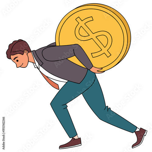 Cartoon man carrying large gold dollar coin on back 1