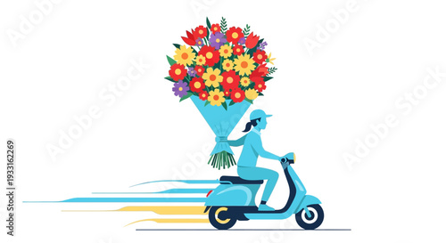 An energetic delivery person on a stylish blue scooter quickly transports a massive, beautiful floral arrangement, perfect for special occasions.