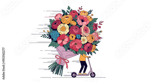 A person on a scooter is seen speeding with an enormous, vibrant bouquet of fresh flowers, illustrating a quick and joyful delivery.