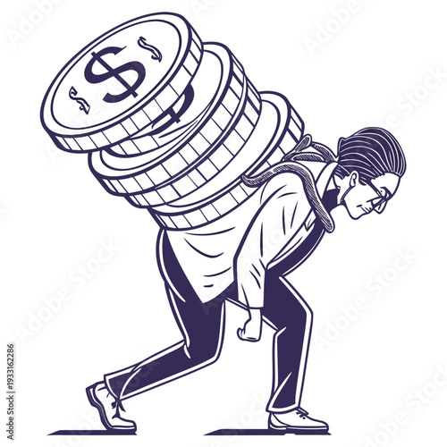 Man carrying heavy stack of coins with dollar sign