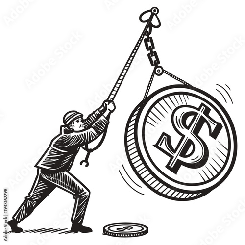 Man pulling large dollar coin with chain and hook person