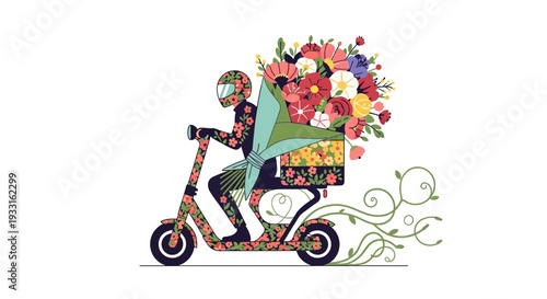 A whimsical illustration depicts a floral-patterned delivery rider on an electric scooter, transporting a vibrant bouquet of fresh flowers.