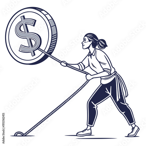 Woman pulling large dollar coin with rope person 1
