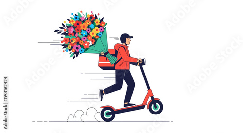 A cheerful courier on an electric scooter efficiently delivers a magnificent, colorful floral bouquet, representing fast and convenient urban service.