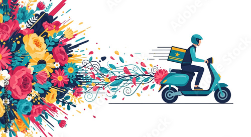 An energetic illustration showcases a quick delivery rider on a scooter, creating a stunning, vibrant trail of blooming flowers and botanical designs.