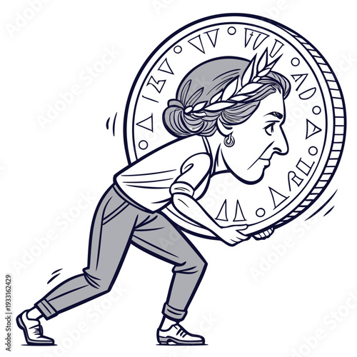 Woman pushing large coin with effort and strain