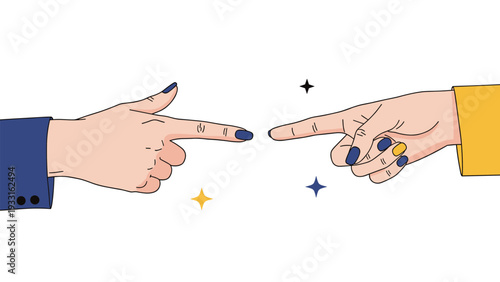 Two hands pointing fingers at each other with colorful stars around them as a symbol of interaction, connection, or accusation.