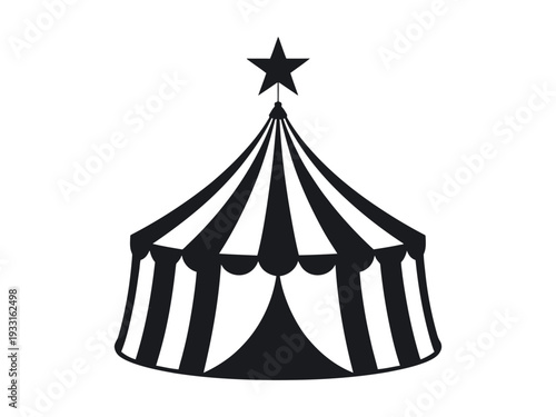 A black and white illustration of a circus tent with a star on top. Vector