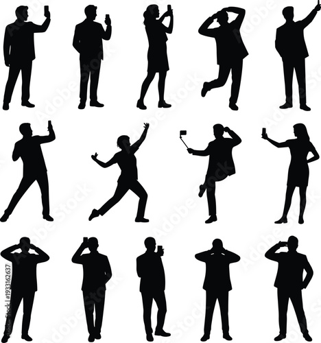 Business people using smartphones silhouette set showing men in different poses, representing mobile technology, social media usage, communication, selfies, and modern digital lifestyle