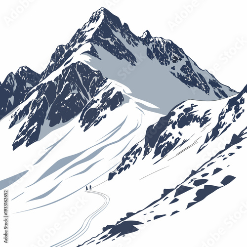 Snowy mountain ridge with two hikers on a trail winter hiking