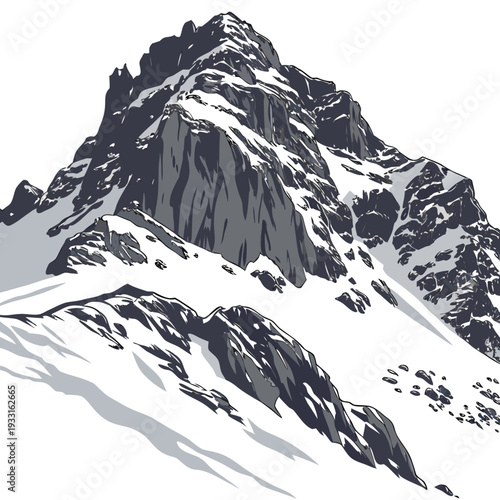 Snowy mountain summit with rocky terrain rocks frozen
