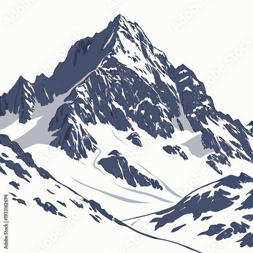 Snow covered mountain peak with rugged terrain and rocky outcrops