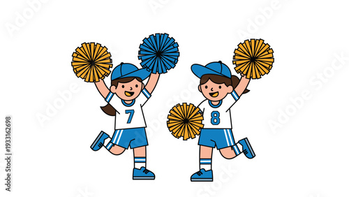 Two enthusiastic young female cheerleaders with pom poms performing a routine in their blue and white sports uniforms.