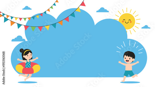 Joyful children playing outdoors under a smiling sun and large blue clouds with festive flags for a summer celebration.