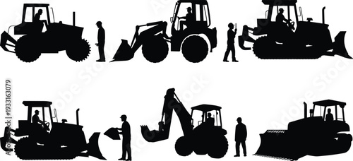 Heavy construction machinery silhouettes with workers, bulldozer excavator loader and tractor vehicles isolated on white background, black vector illustration set for industry