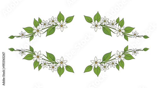 Set of four decorative floral corner designs featuring white jasmine-like flowers and green leaves for frame embellishment.