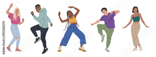Full body flat vector set of five diverse young people dancing in natural dynamic poses. Multiracial youth group in modern casual outfits isolated on transparent background.