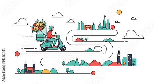 A modern delivery person on a scooter efficiently transports a vibrant flower bouquet along a winding path connecting diverse global cityscapes and landscapes.