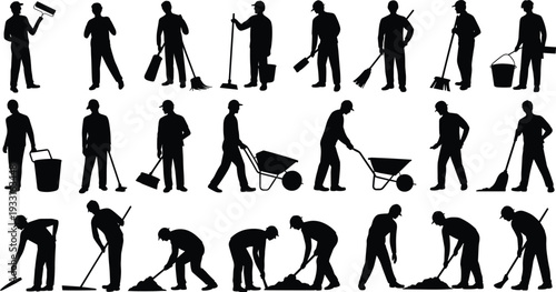Janitor and cleaning worker silhouettes set, professional sanitation staff with broom mop bucket wheelbarrow tools, industrial maintenance vector illustration isolated