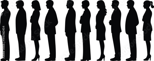 Business people standing in line silhouette illustration showing men and women in formal posture, representing waiting, queue, corporate culture, teamwork, and professional society
