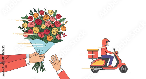 A vibrant, colorful bouquet of fresh flowers is presented, symbolizing thoughtful gifting and the swift, efficient service of a delivery scooter.
