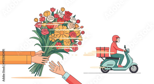 A vibrant bouquet of fresh flowers is quickly delivered by a scooter rider, symbolizing efficient gift service and special occasion celebrations.