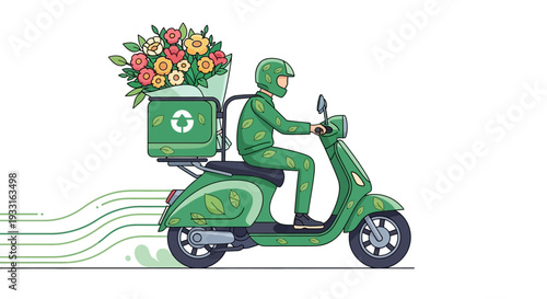 A green-uniformed delivery rider transports a vibrant flower bouquet on an eco-friendly scooter, embodying sustainable urban logistics and environmental care.