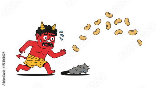 Humorous illustration of a red Japanese demon running away from flying roasted soybeans during the traditional Setsubun festival.