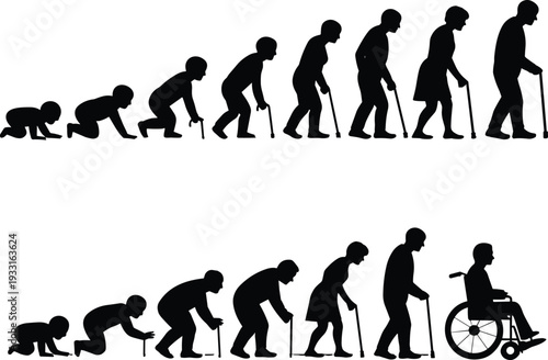 Human aging and disability progression silhouette illustration showing life cycle from crawling baby to elderly people using cane and wheelchair, representing lifespan, health decline, and time
