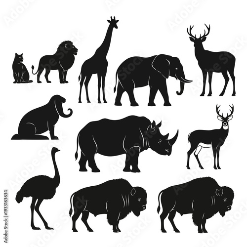 Black silhouettes of various wild animals