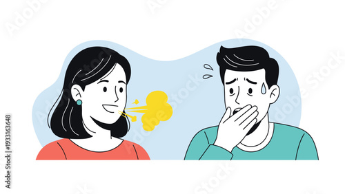 Social situation showing a man reacting with discomfort to a woman with bad breath represented by a yellow cloud icon.