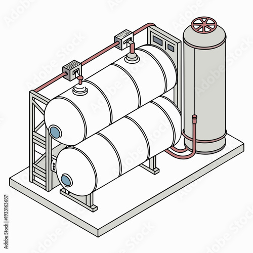Isometric view of industrial hydrogen storage tanks with piping and valves