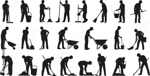 Janitor and cleaning worker silhouettes set, sanitation staff with broom mop bucket wheelbarrow tools, professional maintenance team vector illustration isolated