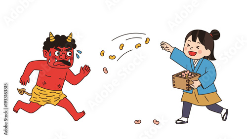 Young girl in traditional dress joyfully throwing roasted soybeans at a running red demon during the Setsubun festival.