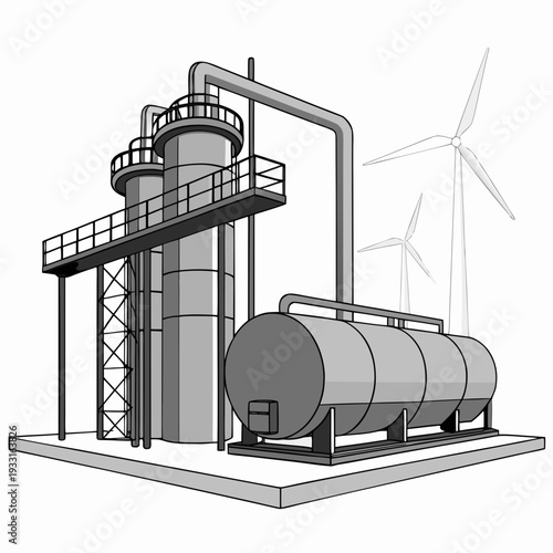 Industrial power plant with cylindrical tanks and wind turbines