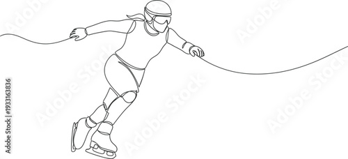 Single continuous line drawing of a speed skater in dynamic motion representing winter sport energy