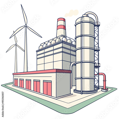 Industrial power plant with wind turbines and smokestack