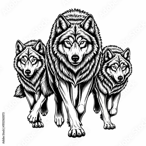 Three wolves standing together in a row