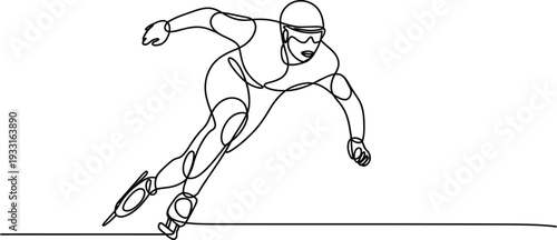Single continuous line drawing of a speed skater in dynamic motion representing winter sport energy