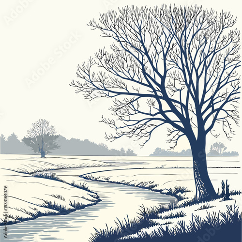 Bare tree beside icy stream in snowy field winter scene