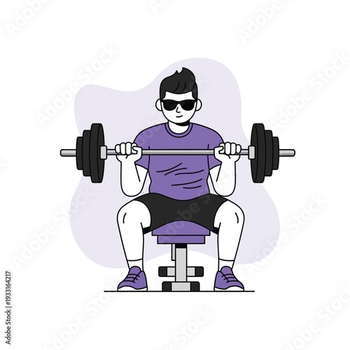 Pria Bugar Mengangkat Barbel di Bangku, Latihan Kekuatan Gym Ilustrasi Gaya Datar Modern
