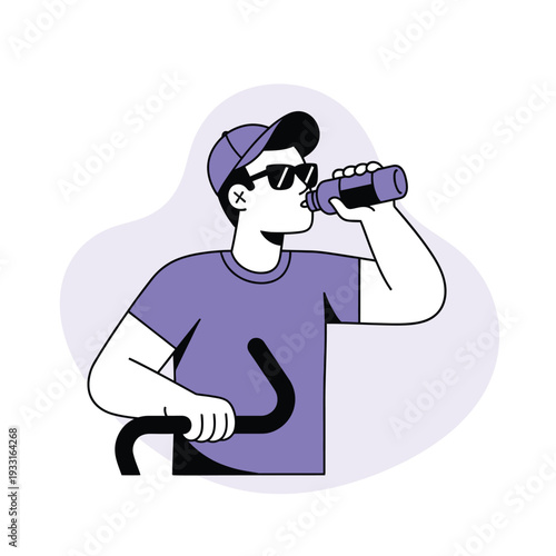 Pria Bersepeda Minum Air dari Botol untuk Hidrasi dan Kebugaran Selama Olahraga